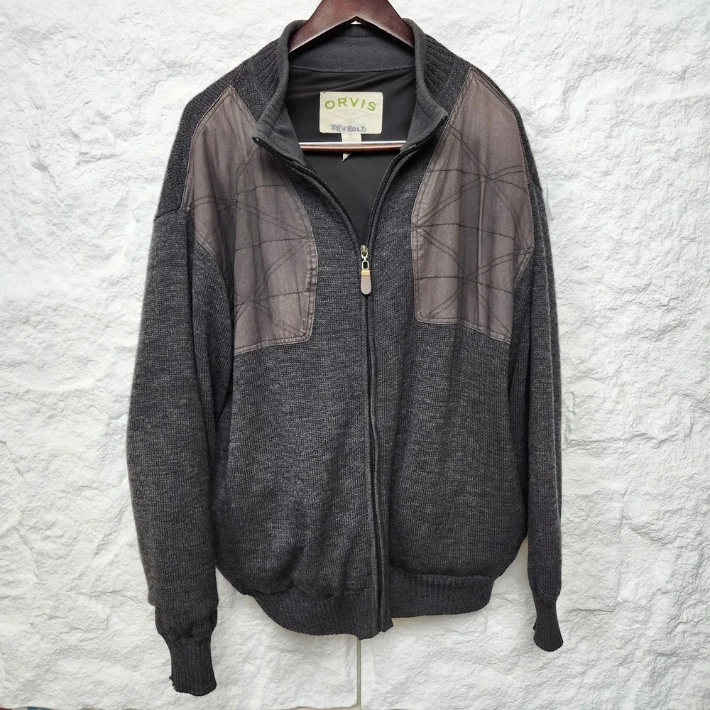 Orvis 100% Wool Full Zip Sweater Jacket XL Charcoal Cardigan Hunting Outdoor